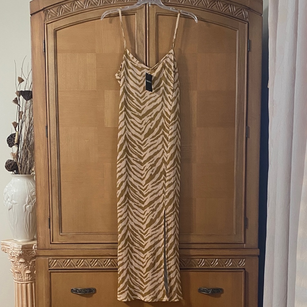 Forever 21 Tan and Cream Zebra-Print Slip Maxi Dress